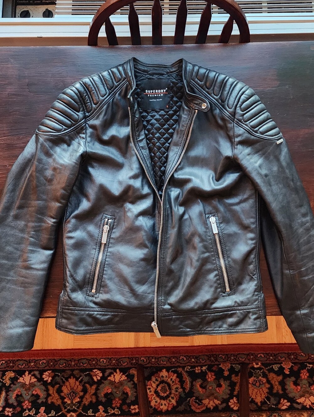 Men’s Superdry Premium Leather Goods Black Racer Jacket – Size Large (Fits Slim)